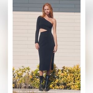 Dynamite Black One-Shoulder Long Sleeve Cut Out Midi Dress